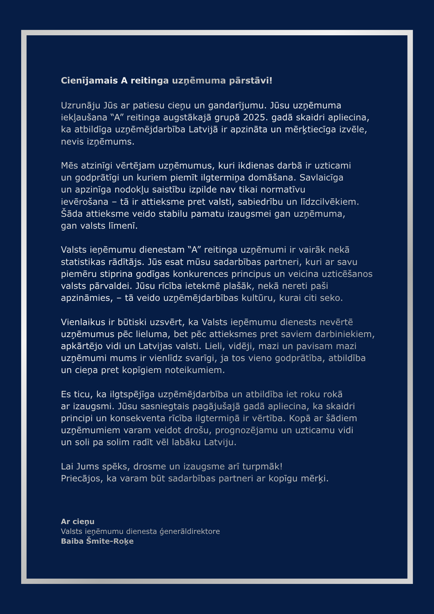 Official letter from the VID Director General to A-rated companies