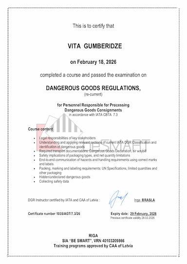 IATA DGR Certificate - Vita Gumberidze